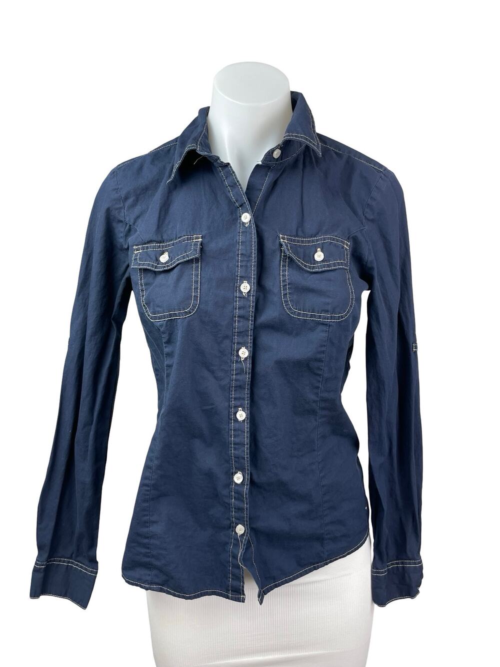 Tommy Hilfiger Women's Blue Dark Wash Long Sleeve Button Up Denim Jean Shirt S